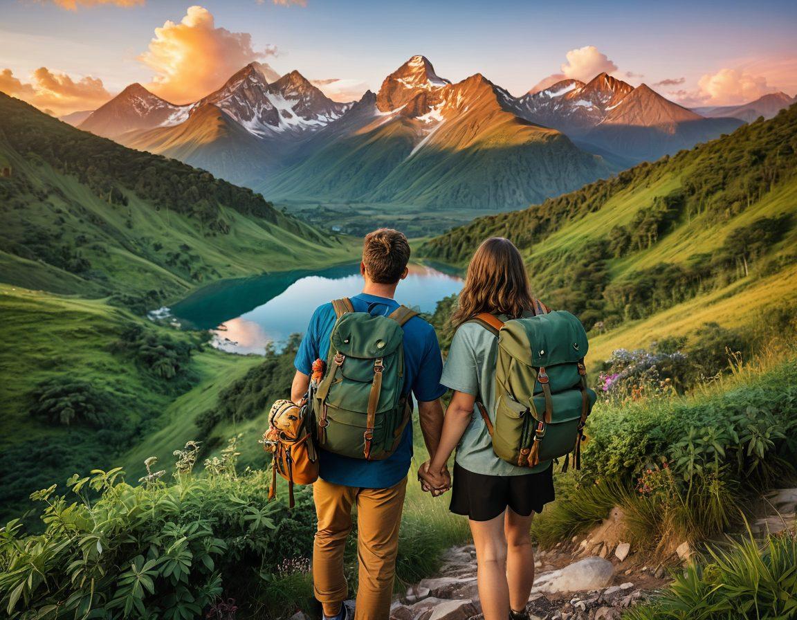 An adventurous couple exploring a lush, green landscape, hand-in-hand, with their backpacks filled with travel souvenirs. In the background, a majestic mountain ranges stretches beneath a vibrant, sunset sky, radiating warmth and possibility. Scattered around them are symbols of shared experiences, like a camera, a map, and local delicacies. The atmosphere is filled with joy and excitement, evoking a sense of wanderlust and deep connection. super-realistic. vibrant colors. 3D.