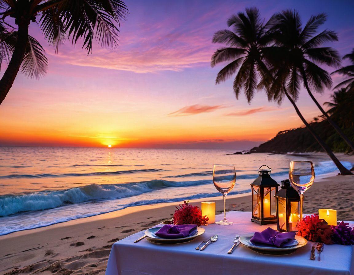 A cozy candlelit dinner setup on a secluded beach with soft, glowing lanterns, two elegant wine glasses clinking together, and vibrant tropical flowers surrounding the scene. In the background, a stunning sunset casts warm hues across the sky as gentle waves lap at the shore. The atmosphere is intimate and dreamy, inviting couples to escape into romance. super-realistic. vibrant colors. dreamy sunset.